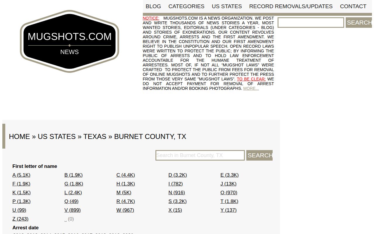 Burnet County crime news Mugshots.com county search page