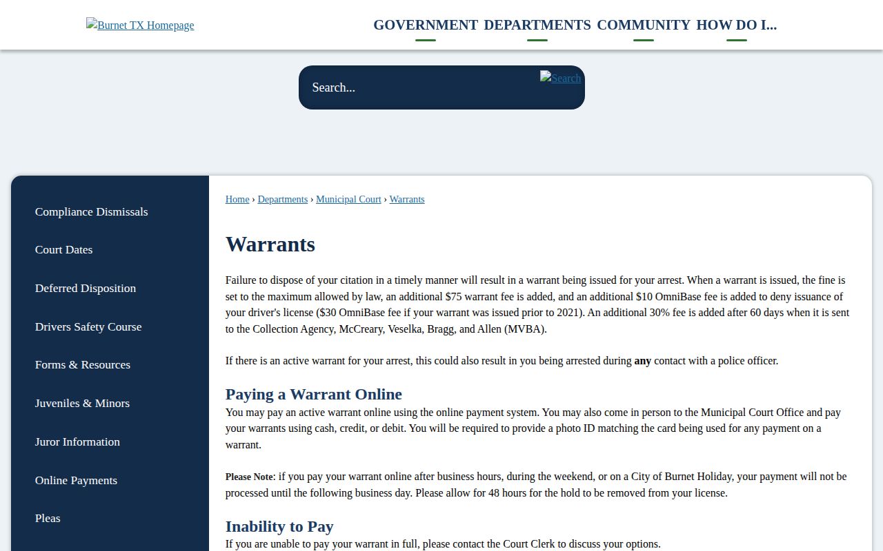 Burnet County area municipal warrant record page for City of Burnet citations