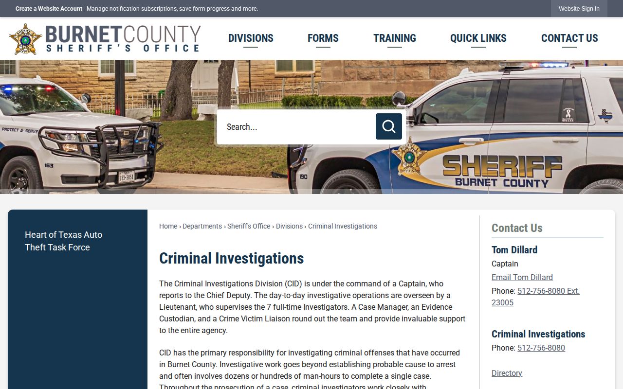 Burnet County Sheriff criminal investigations official warrant and tip context